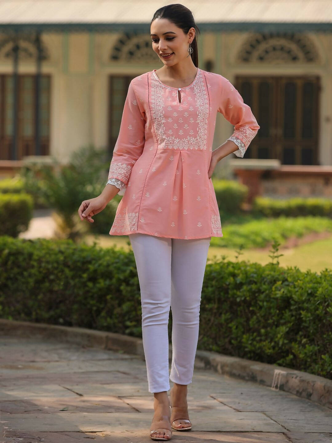 Juniper Women's Peach Cambric Floral Printed Tunic - Distacart