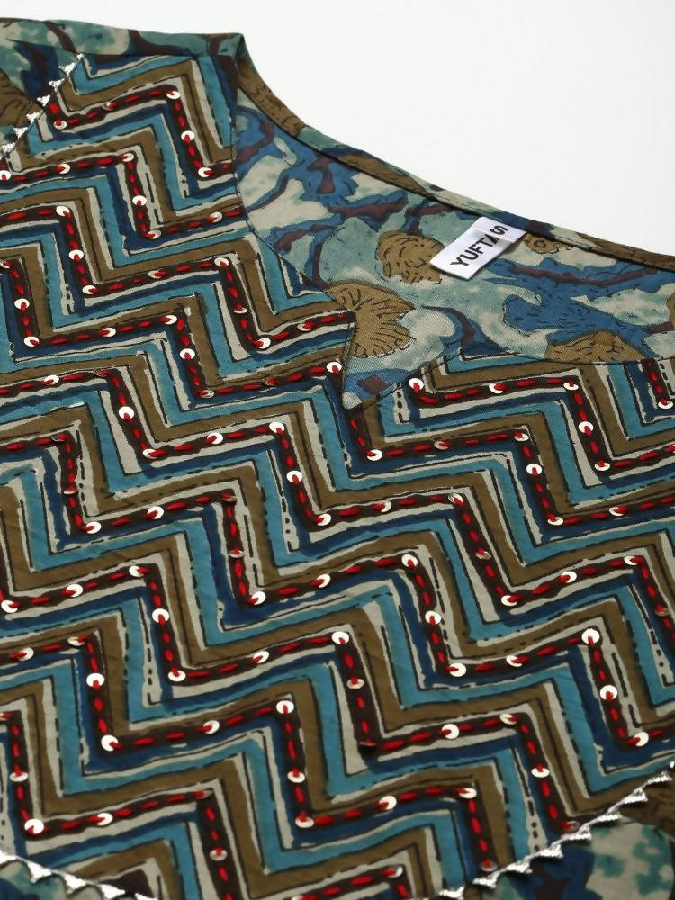 Yufta Women Olive Green Floral Yoke Design Pure Cotton Kurta with Palazzo and Dupatta