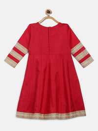 Thumbnail for Ahalyaa Red Poly Silk Anarkali Kids Kurta With Dupatta Set For Girls - Distacart