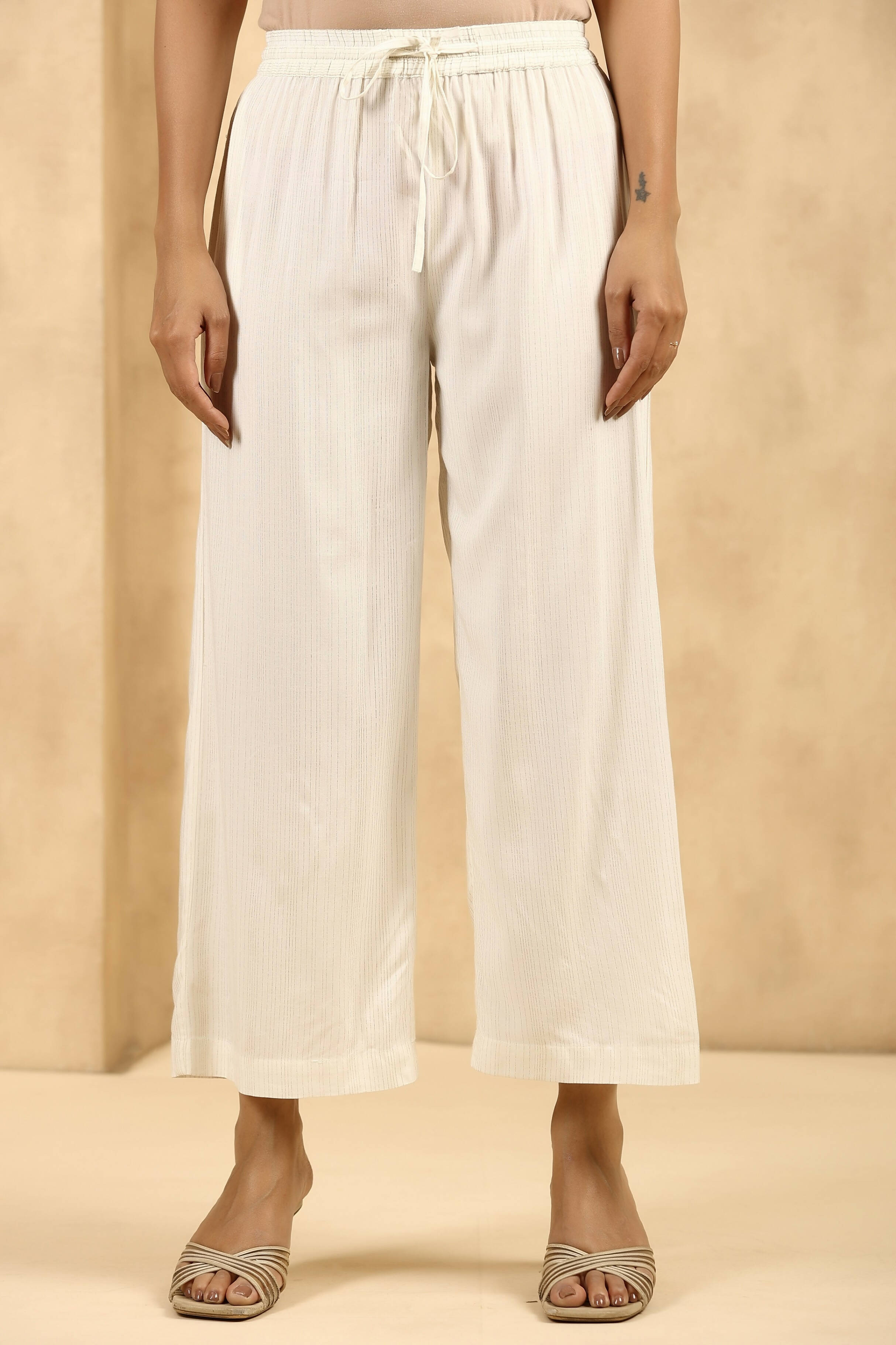 Juniper Women's Off-White Rayon Gold Printed Wide Leg Palazzo - Distacart