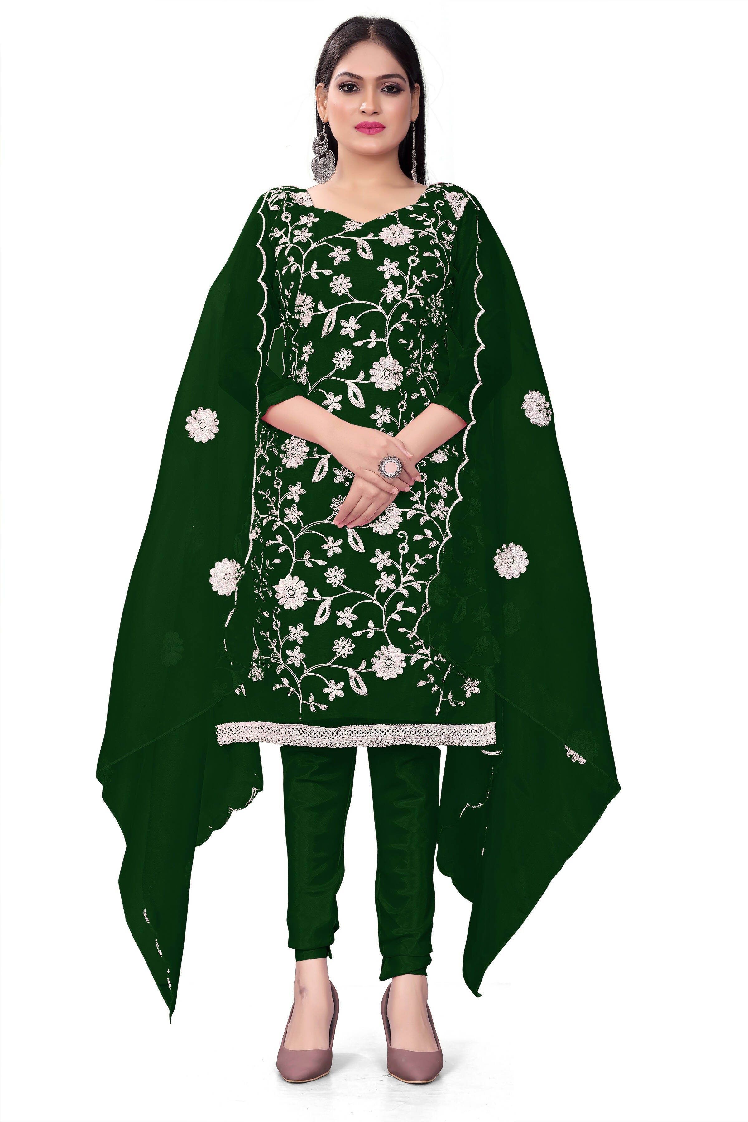Green Organza Silk Embroidered Work Unstitched Dress Material - Tanvi - Distacart