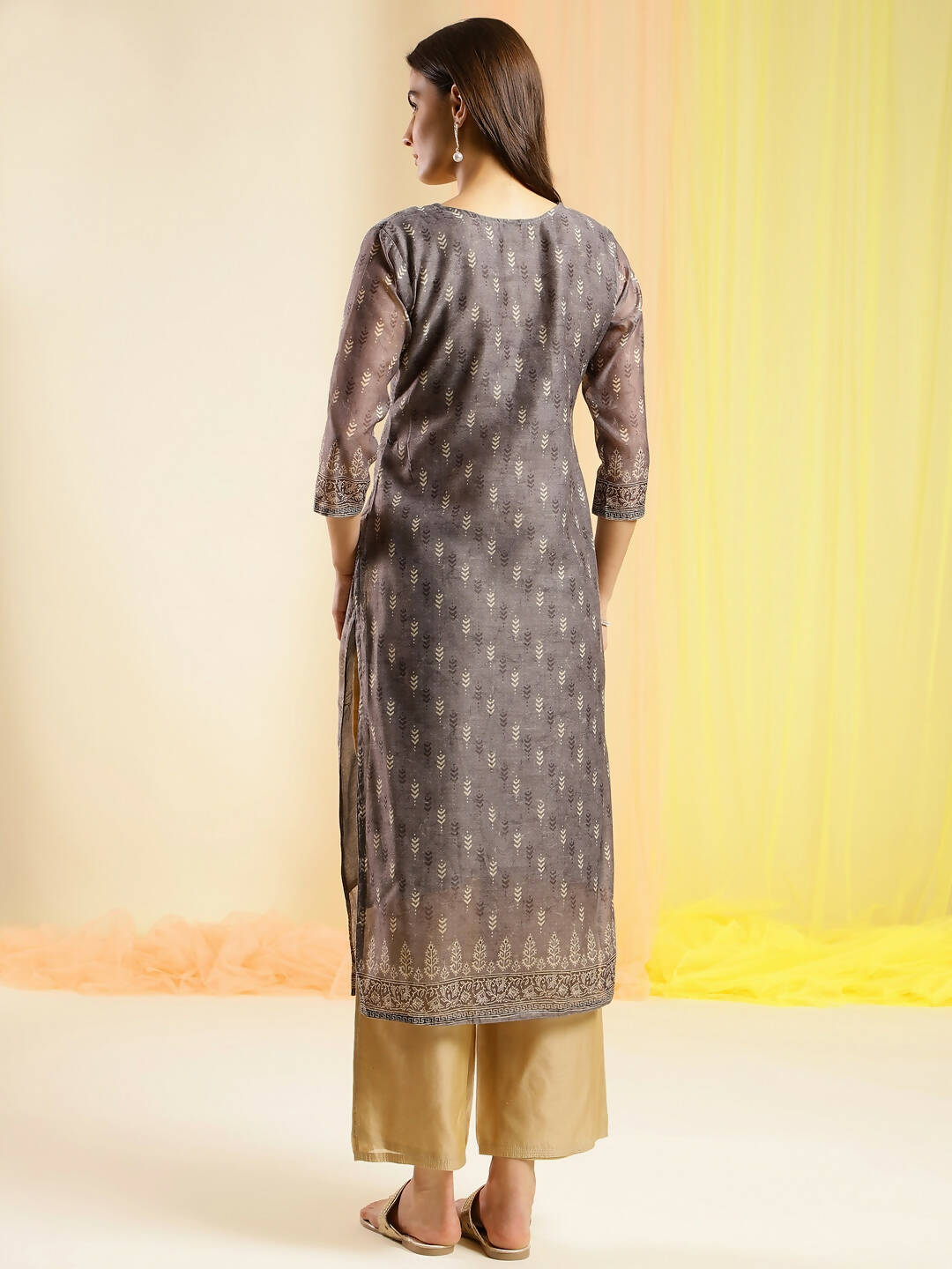 Grey Chinon Digital Printed With Hand Work Kurta - Himanshi - Distacart