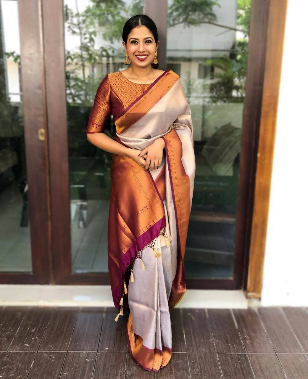 DEIANA'S Beautiful Golden Jari with New Design Soft Lichi Silk Saree - Cream - Distacart