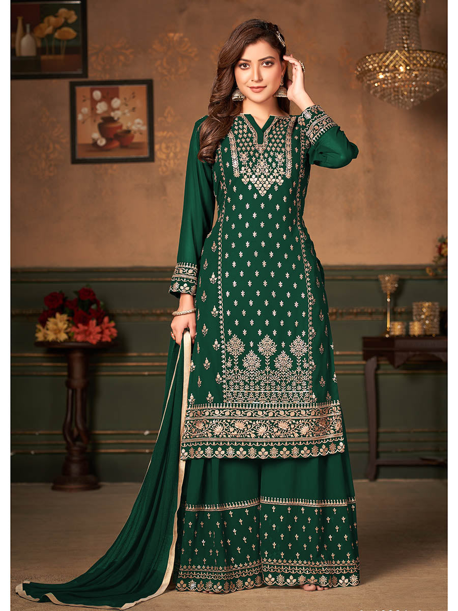 Myra Green Faux Georgette Embroidered Sharara Suit - Distacart