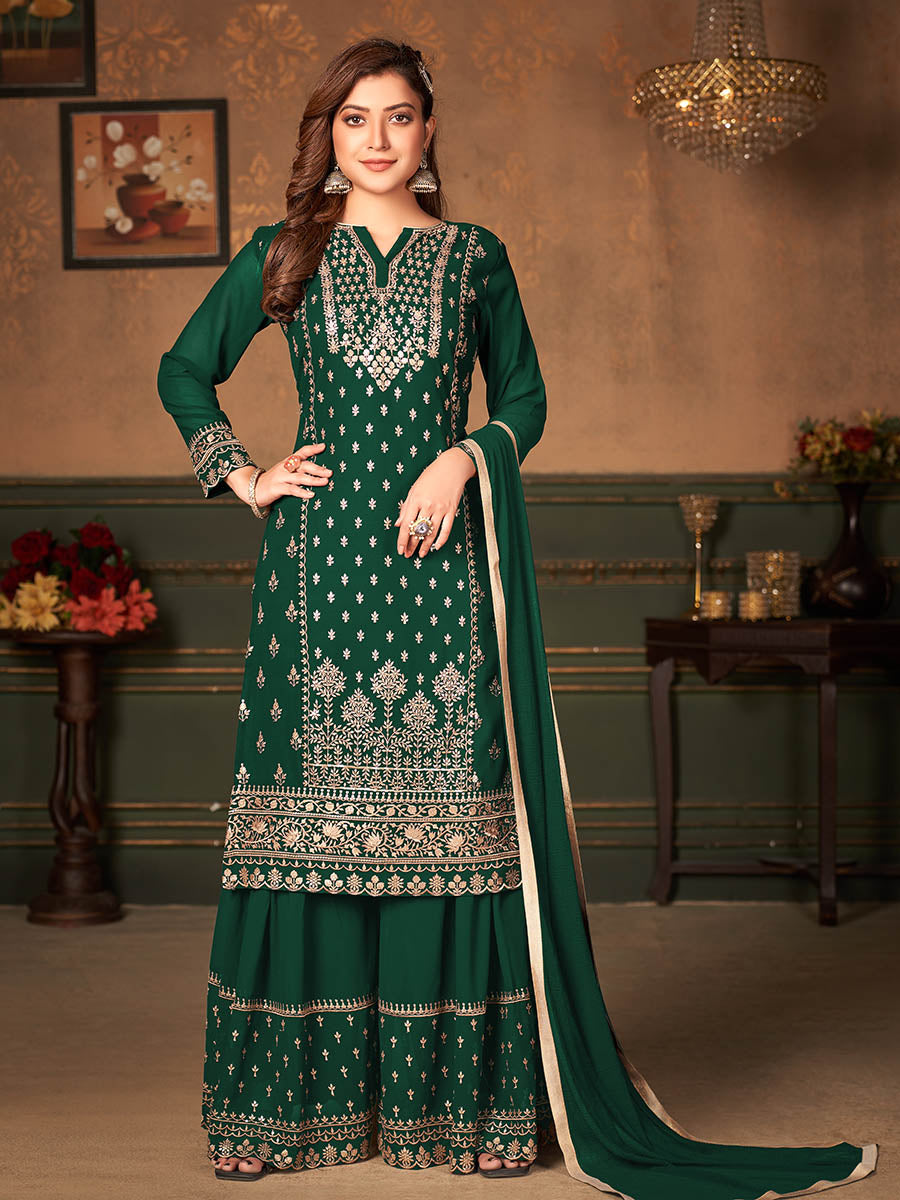 Myra Green Faux Georgette Embroidered Sharara Suit - Distacart
