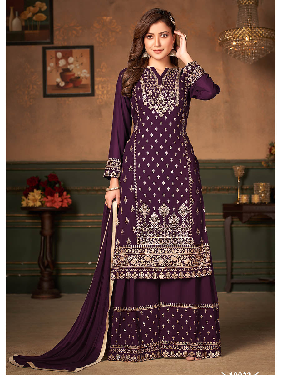 Myra Wine Faux Georgette Embroidered Sharara Suit - Distacart