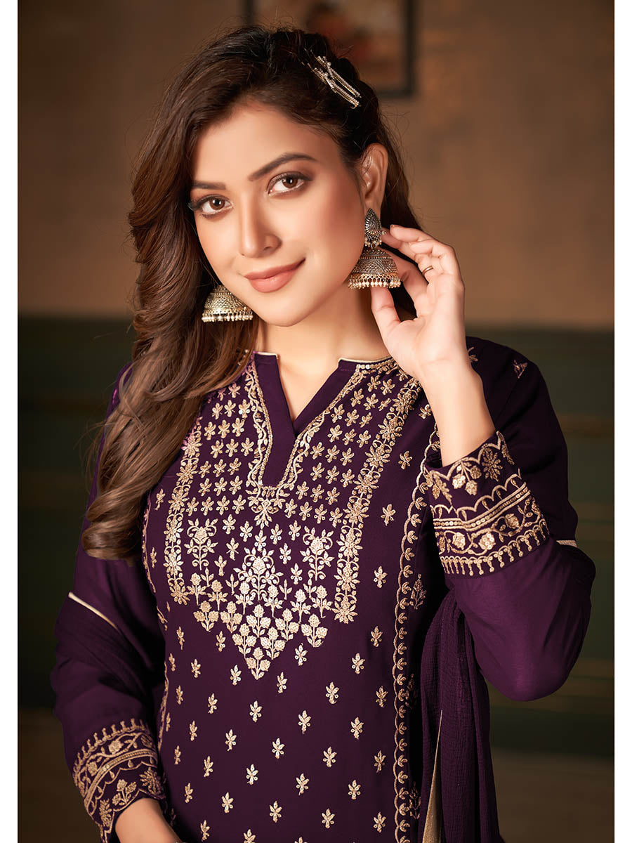 Myra Wine Faux Georgette Embroidered Sharara Suit - Distacart