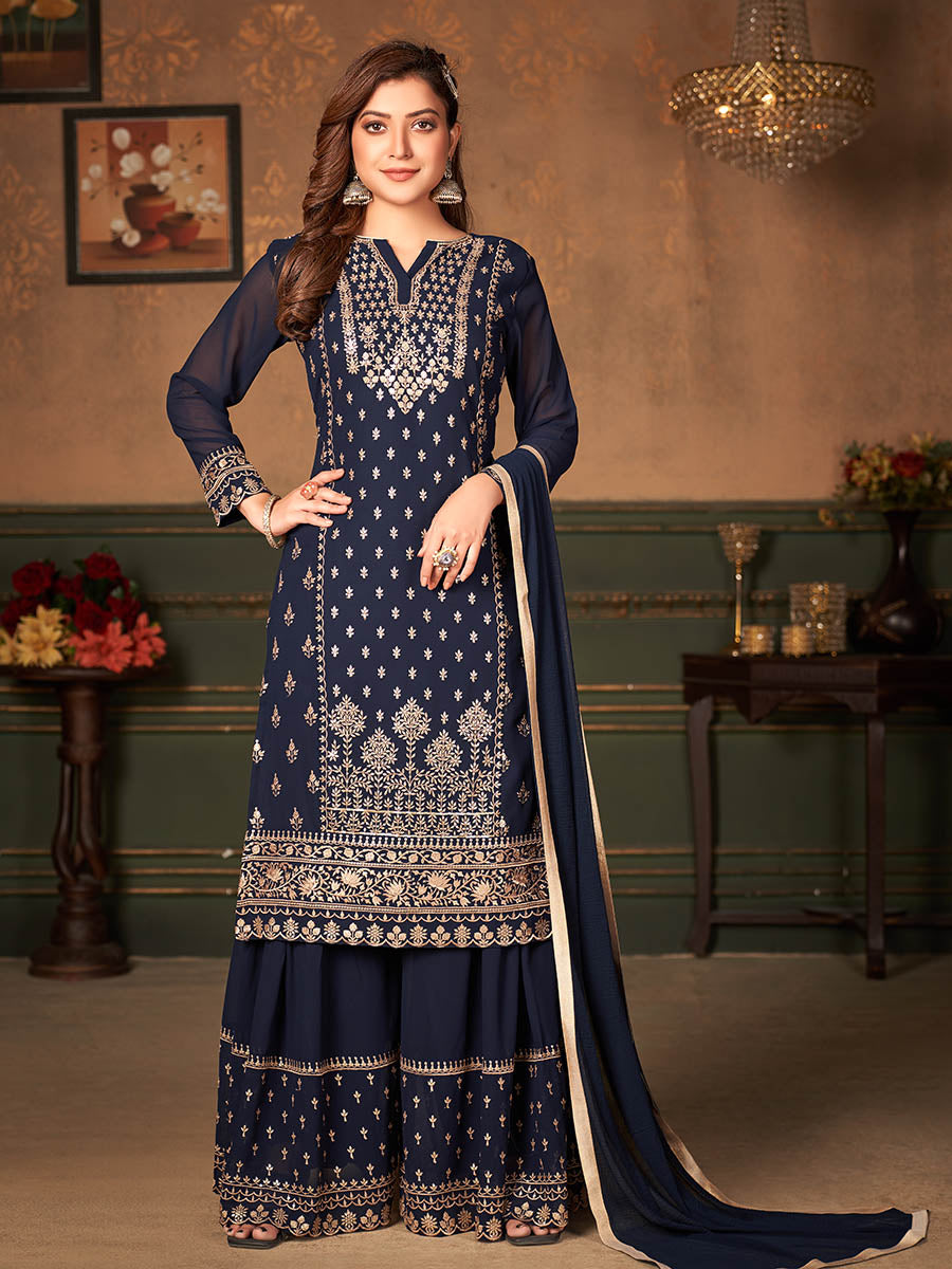Myra Navy Blue Faux Georgette Embroidered Sharara Suit - Distacart