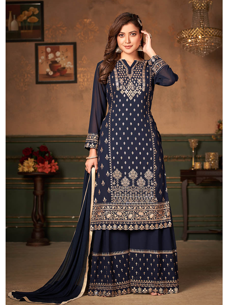 Myra Navy Blue Faux Georgette Embroidered Sharara Suit - Distacart