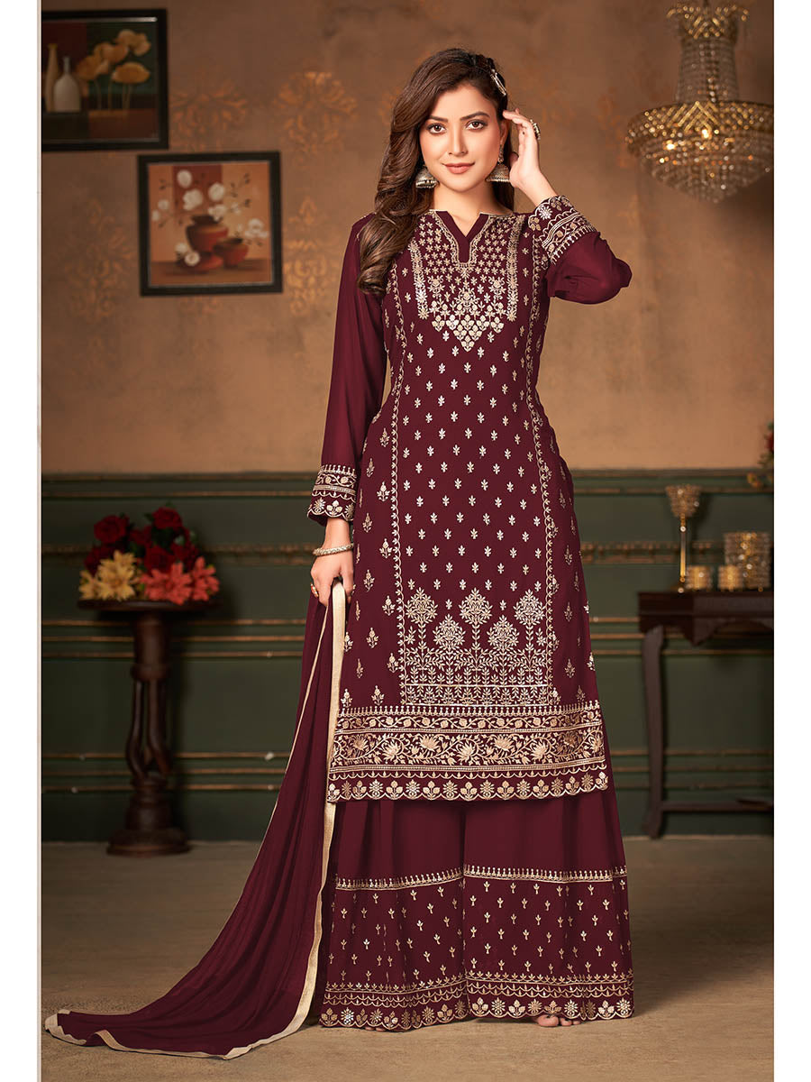 Myra Maroon Faux Georgette Embroidered Sharara Suit - Distacart