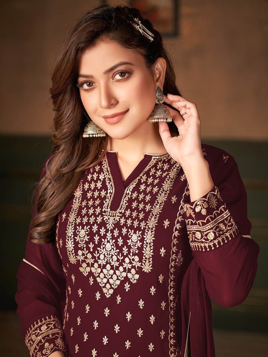 Myra Maroon Faux Georgette Embroidered Sharara Suit - Distacart
