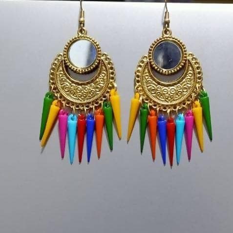 Designer Mirror Gold Color Chandbali Alloy Multi Color Drops Earrings