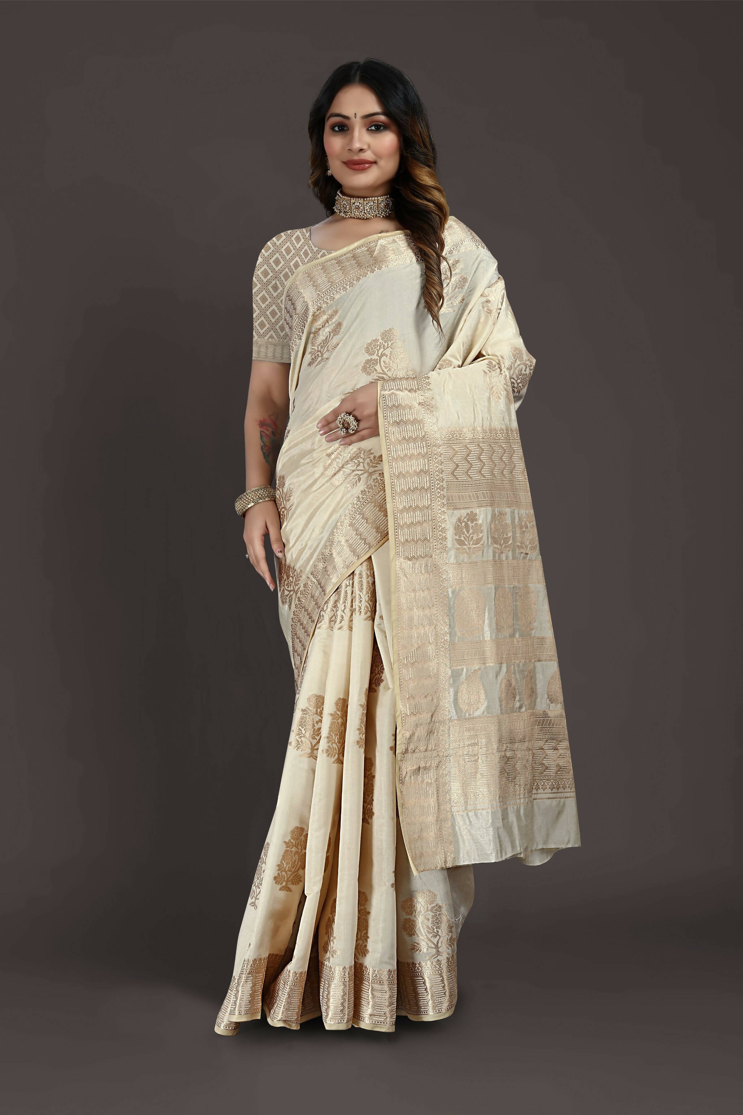 Off White Pure Raw Silk Zari Woven Saree with Unstitched Blouse Piece - Alisha - Distacart