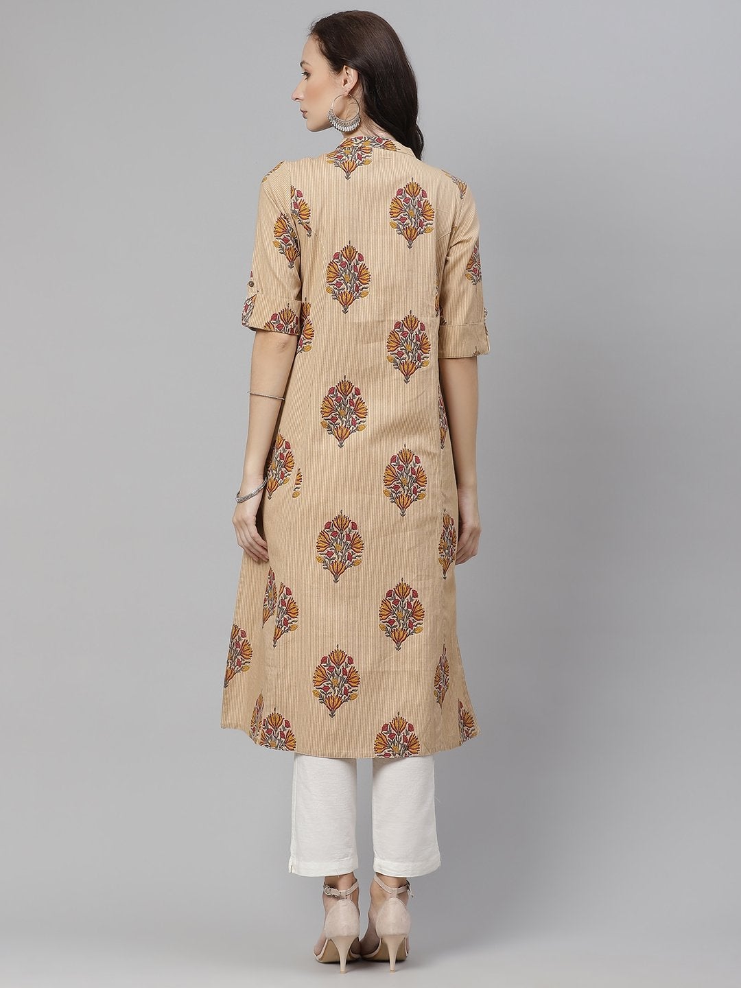 Wahe-NOOR Women's Beige Color Cotton Printed A-Line Kurta - Distacart