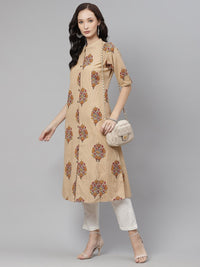 Thumbnail for Wahe-NOOR Women's Beige Color Cotton Printed A-Line Kurta - Distacart
