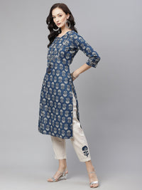 Thumbnail for Wahe-NOOR Women's Indigo Blue Buti Print Straight Kurta With Cotton Pants - Distacart