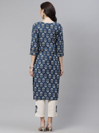 Thumbnail for Wahe-NOOR Women's Indigo Blue Buti Print Straight Kurta With Cotton Pants - Distacart
