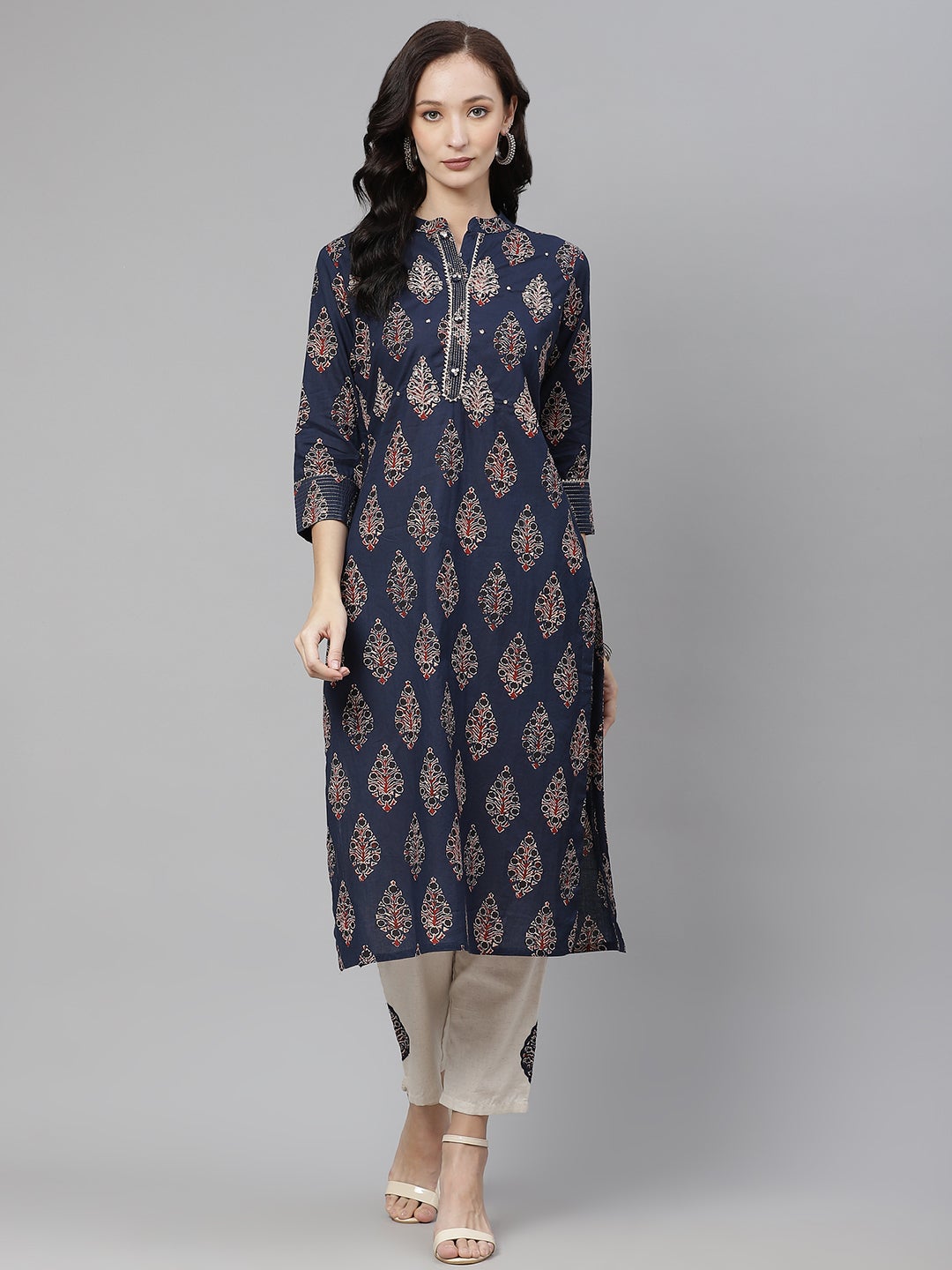 Wahe-NOOR Women's Blue Printed Straight Kurta With Cotton Pants - Distacart