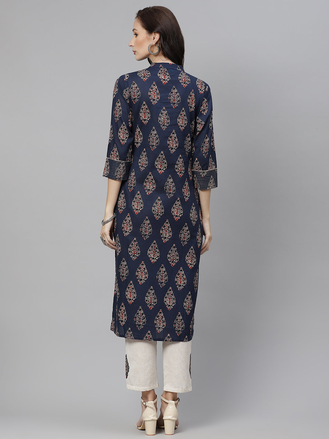 Wahe-NOOR Women's Blue Printed Straight Kurta With Cotton Pants - Distacart