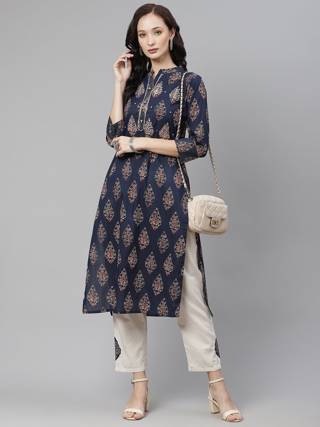 Wahe-NOOR Women's Blue Printed Straight Kurta With Cotton Pants - Distacart