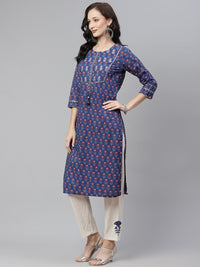 Thumbnail for Wahe-NOOR Women's Blue Printed Straight Kurta With Cotton Pants - Distacart