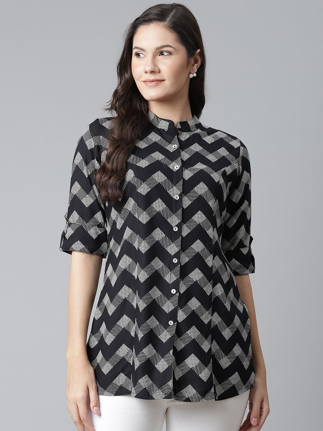 Buy NOZ2TOZ Women's Black Rayon Zigzag Print Top Online at