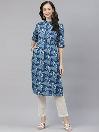 Thumbnail for Wahe-NOOR Women's Indigo Floral Cotton Straight Kurti - Distacart