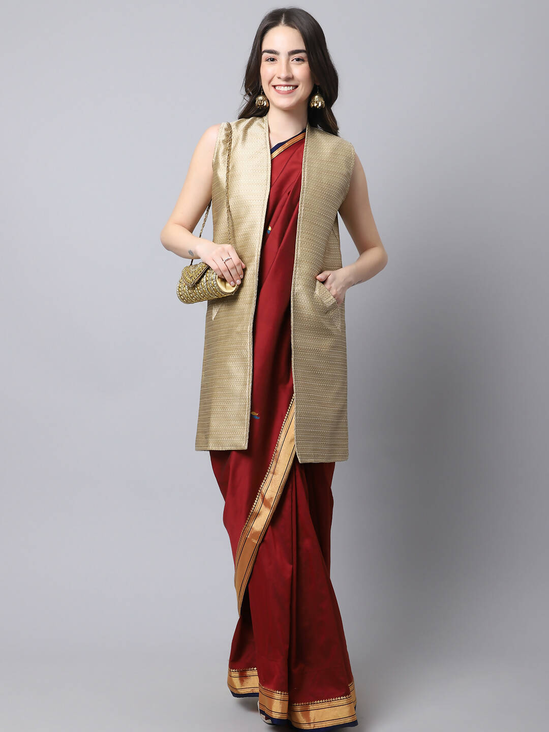 Even Apparels Beige Bansari Silk Open Front Women's Long Coat - Distacart