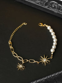 Thumbnail for Priyaasi Women White American Diamond Pearls Gold Plated Star Link Bracelet - Distacart
