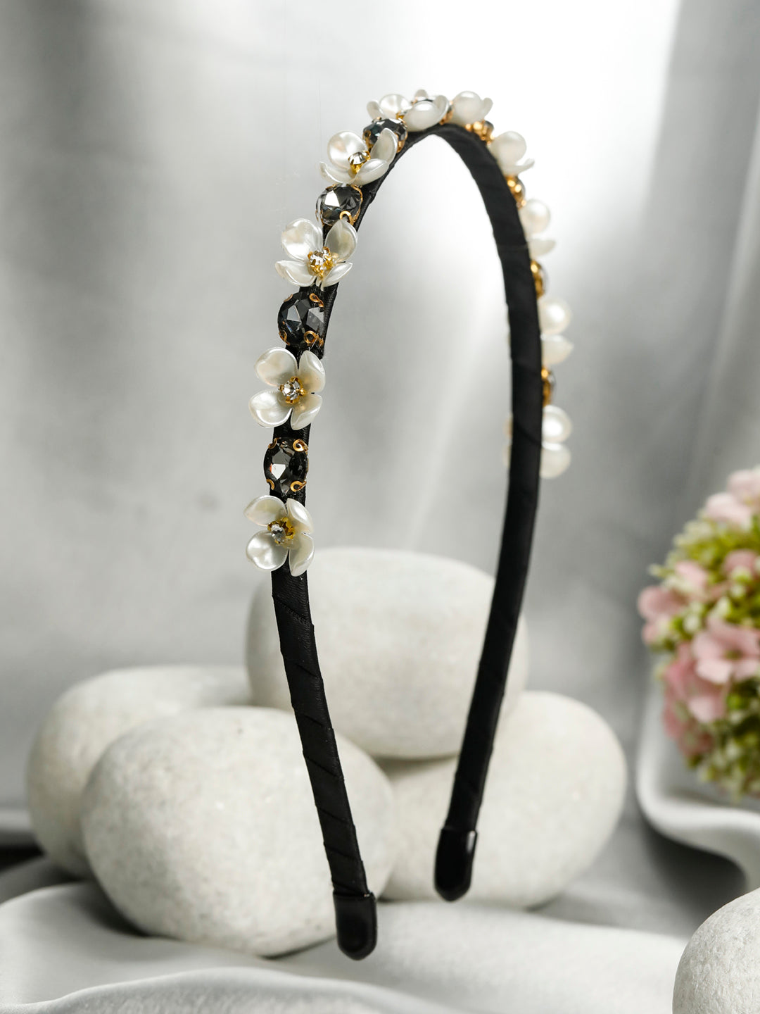 Priyaasi Women White Black Stones Floral Hair Band - Distacart