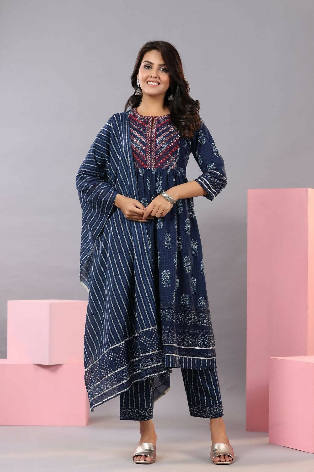Juniper Women Indigo Cotton Cambric Batik texture Printed Kurta, Pants and Dupatta Set - Distacart