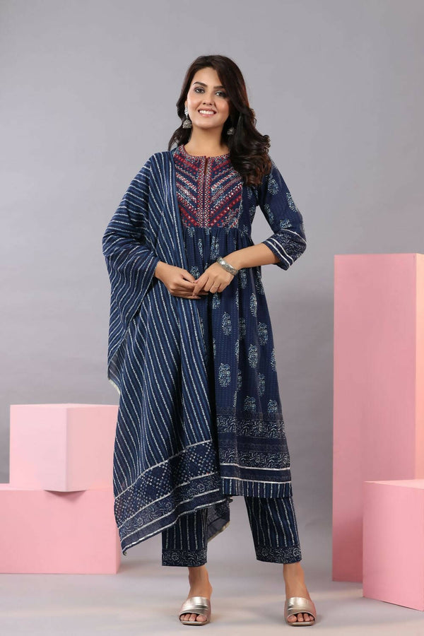 Juniper Women Indigo Cotton Cambric Batik texture Printed Kurta, Pants and Dupatta Set - Distacart
