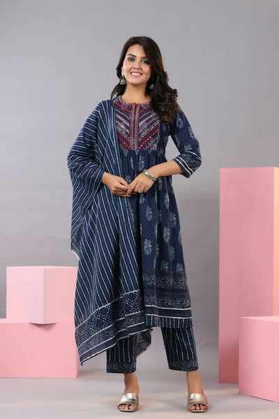 Juniper Women Indigo Cotton Cambric Batik texture Printed Kurta, Pants and Dupatta Set - Distacart