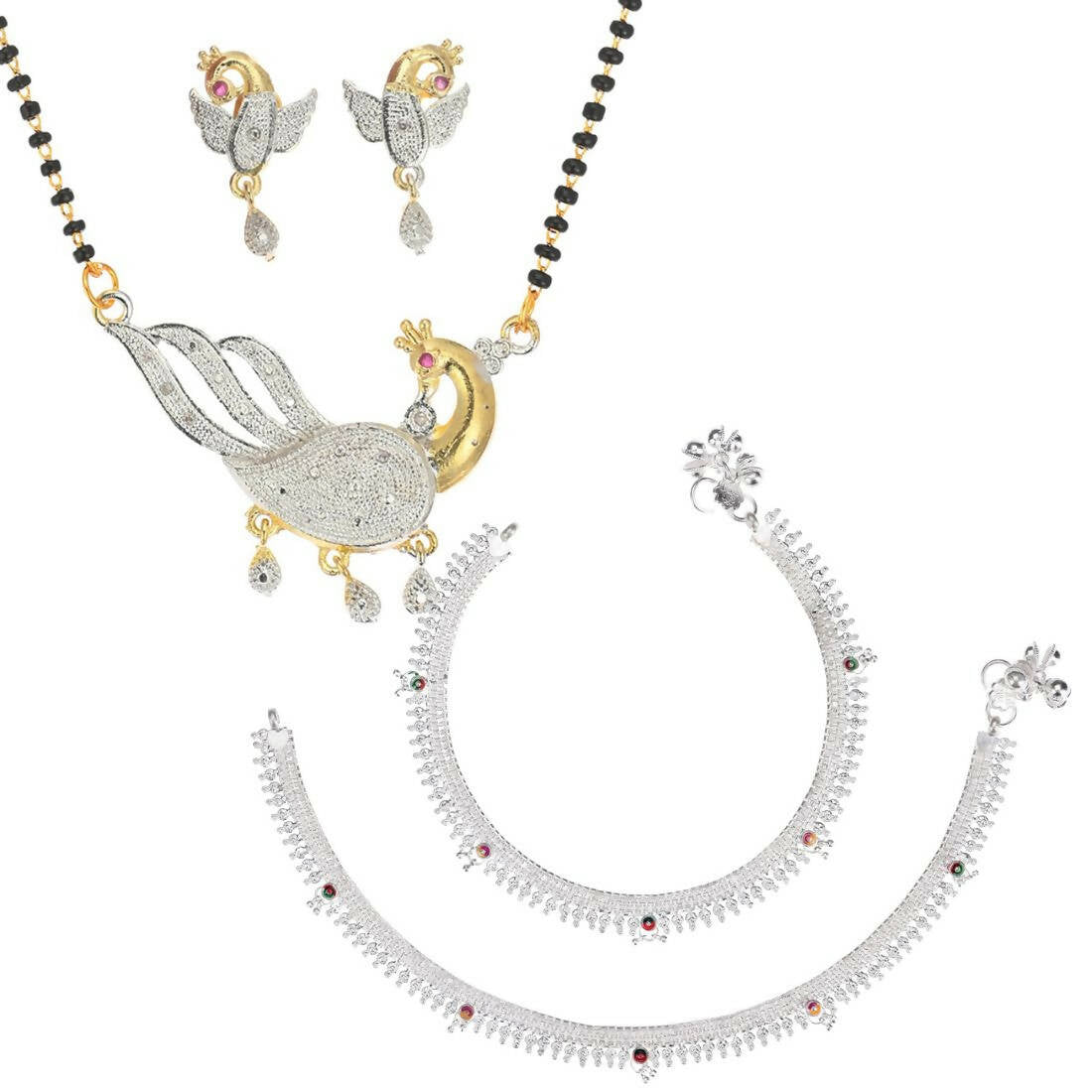 AanyaCentric Gold-plated Mangalsutra Pendant Earring Set & Silver Plated Anklet - Distacart