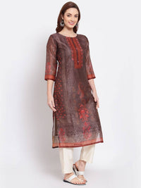 Thumbnail for Myshka Women's Multi Printed Chanderi Silk 3/4 Sleeve Round Neck Casual Kurta