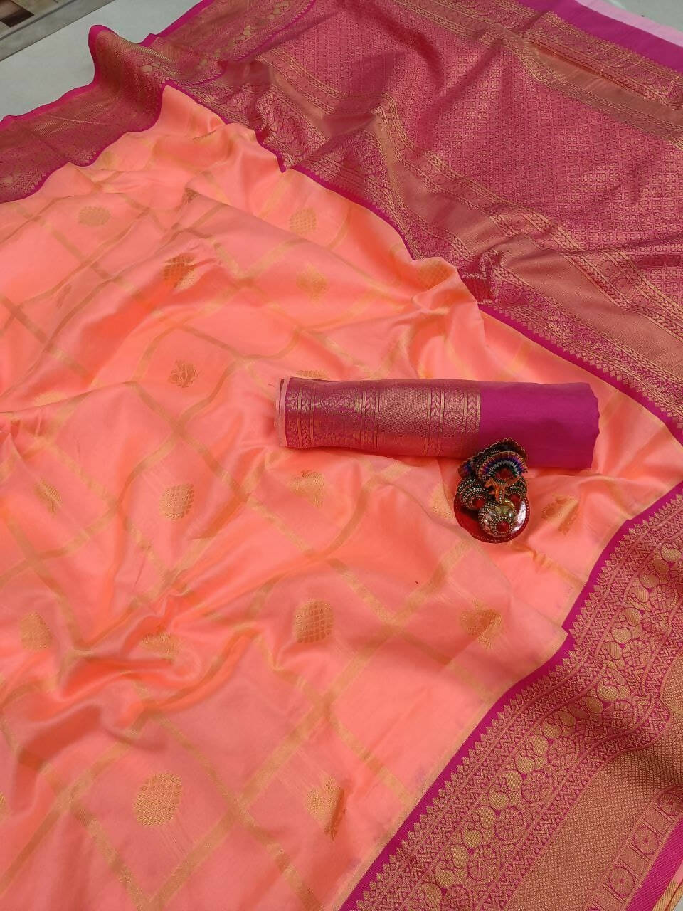 DEIANA'S Beautiful Golden Jari with New Design Soft Lichi Silk Saree - Orange - Distacart