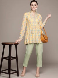Thumbnail for Ritu Kumar Women Yellow & Green Ethnic Printed Pure Cotton Tiered Kurti - Distacart