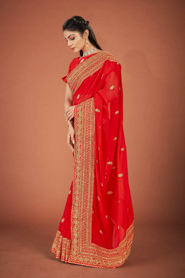 Vamsee Red Organza Saree - Distacart
