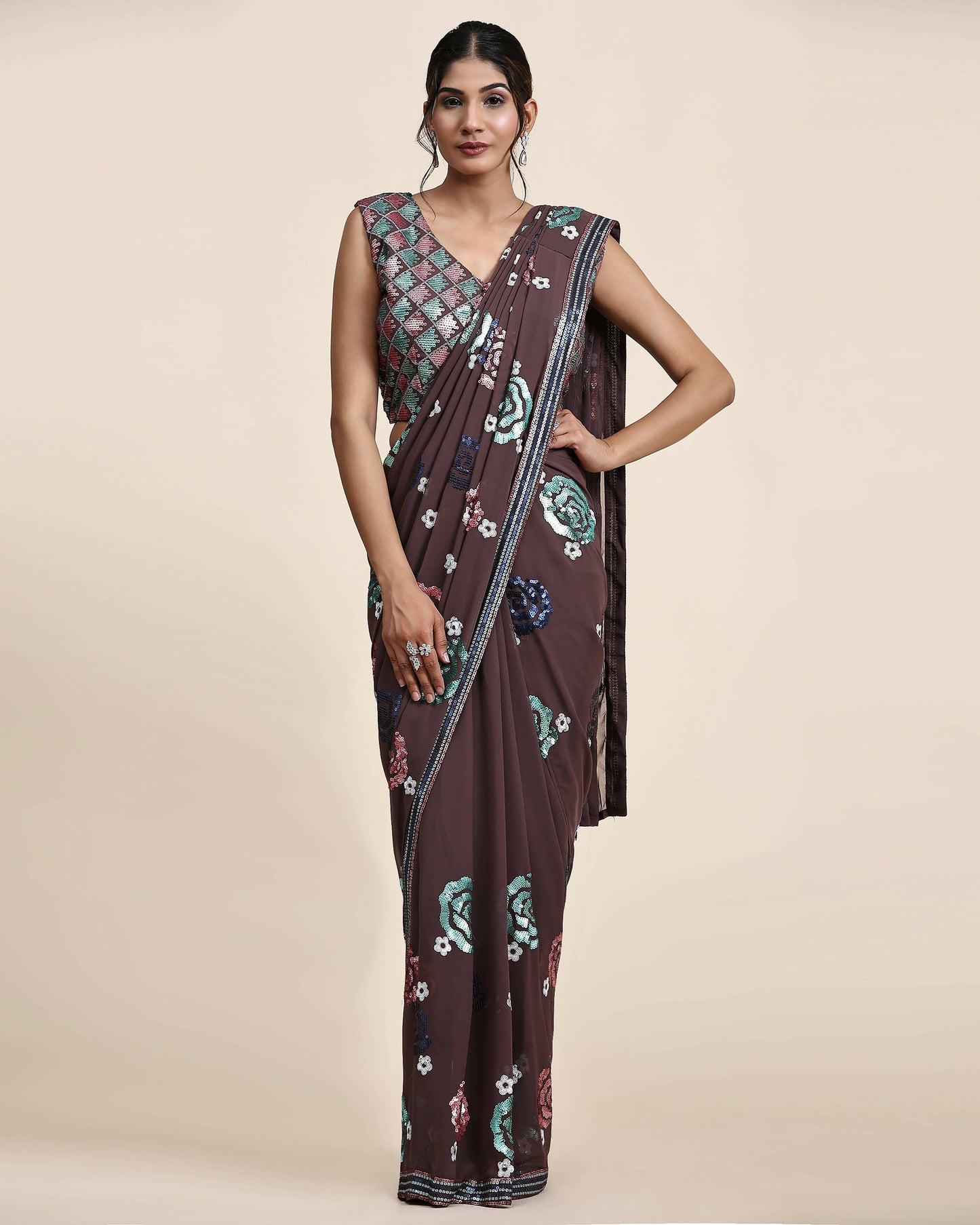 Brown Pure Georgette Sequence work Ready to wear Saree with stitched Blouse - Nirvana - Distacart