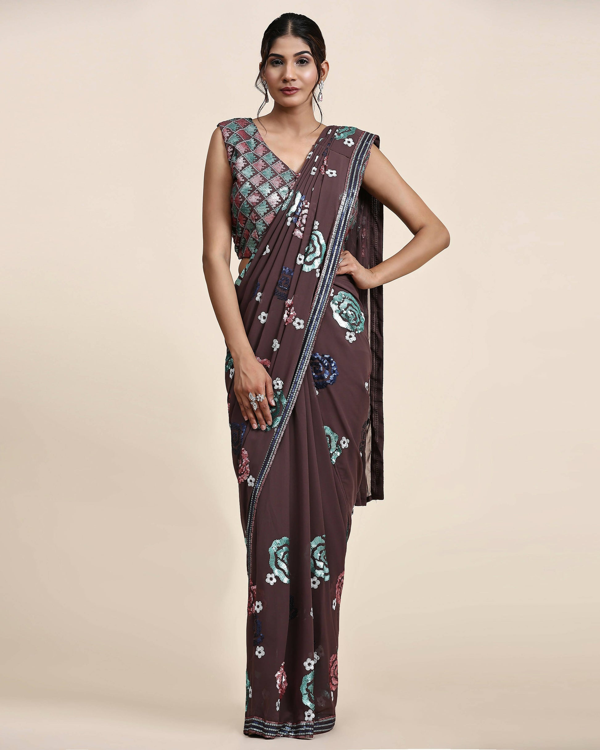 Brown Pure Georgette Sequence work Ready to wear Saree with stitched Blouse - Nirvana - Distacart