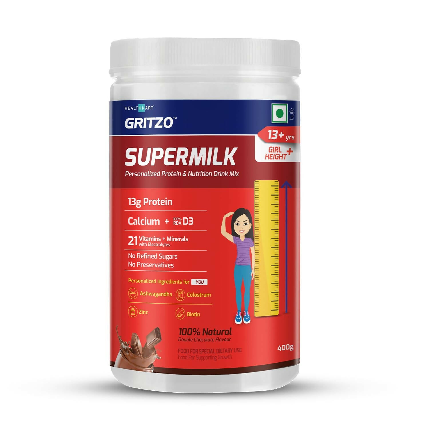 Gritzo Supermilk Height+ Health Drink For 13+Y Girls - Double Chocolate - Distacart