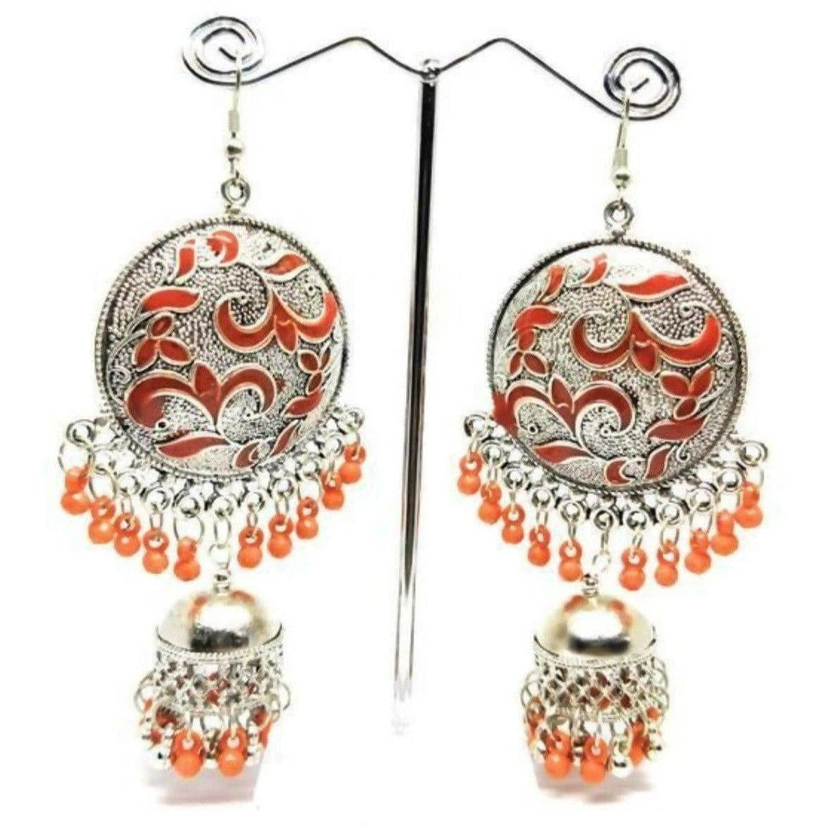 Muskan Fancy Glass Pearl Orange Enamel Chandbali Jhumka Earrings
