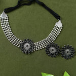 Thumbnail for Mominos Fashion Johar Kamal Oxidised Silver-Plated Brass Finish Kundan Choker For Women (Black) - Distacart