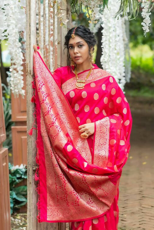 Vishnu Weaves Women's Pink Banarasi Silk Floral Zari Woven Saree with Unstitched Blouse - Distacart