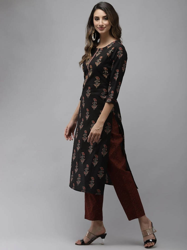 Yufta Women Black & Rust Brown Ethnic Motifs Printed Kantha Work Pure Cotton Kurta Set
