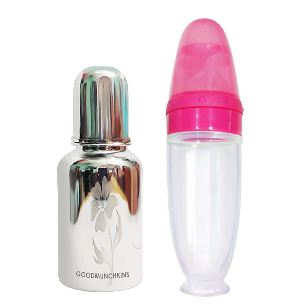 Goodmunchkins Stainless Steel Feeding Bottle 304 Grade Jointless & Spoon Food Feeder for Baby Nipple Feeder 220 ml Combo Pack-Pink - Distacart