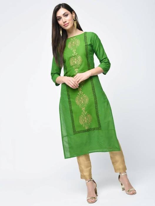 Aniyah Cotton Block Printed Green Color Straight Kurta (AN-129K)