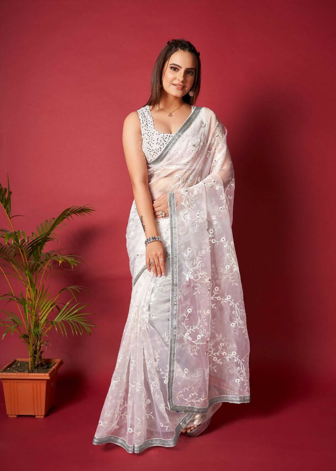 Vamsee White Organza Saree - Distacart