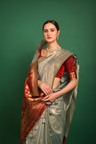 Vishnu Weaves Women's Chiku Tussar Silk Zari Woven Saree with Blouse - Distacart