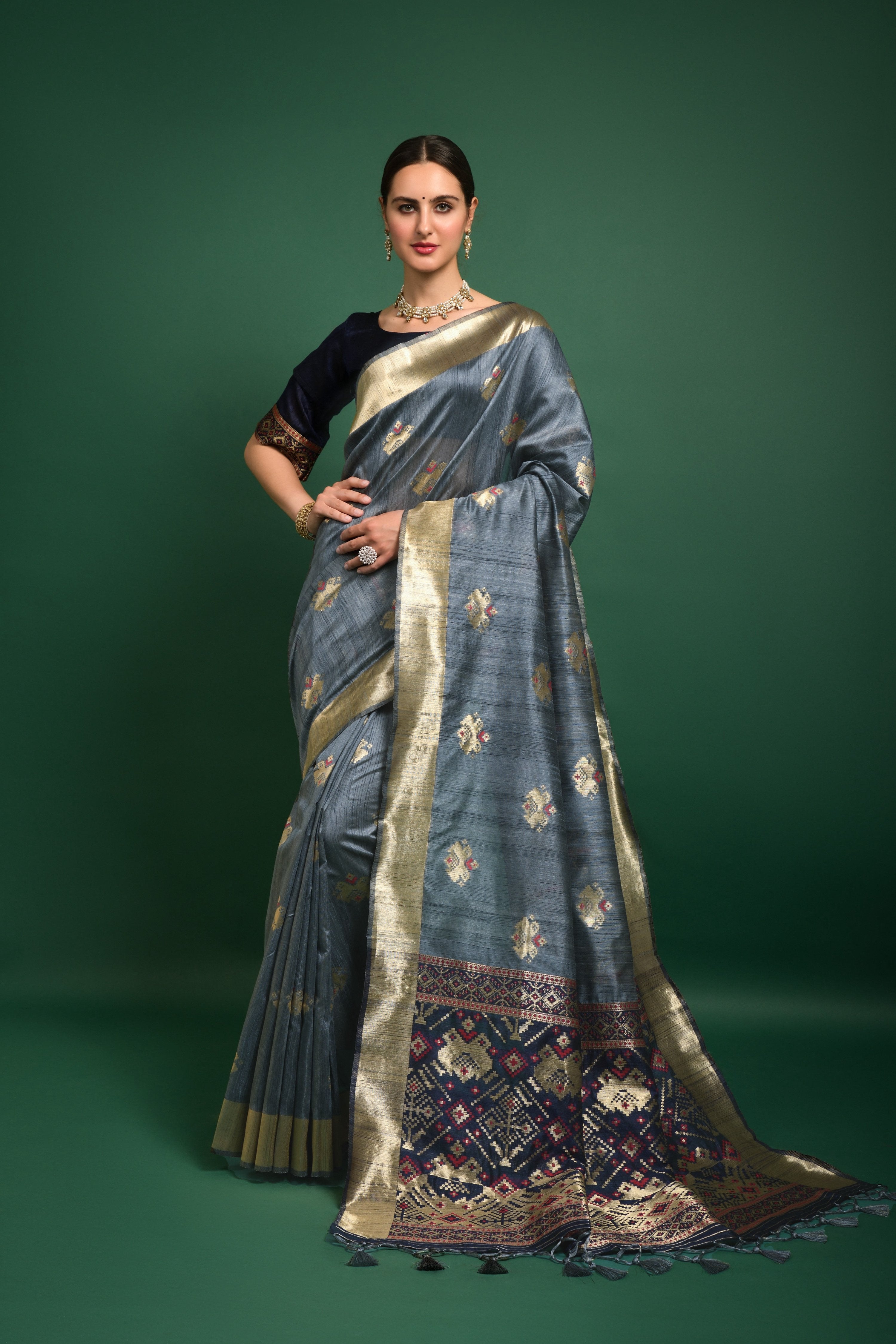 Vishnu Weaves Women's Grey Tussar Silk Zari Woven Saree with Blouse - Distacart